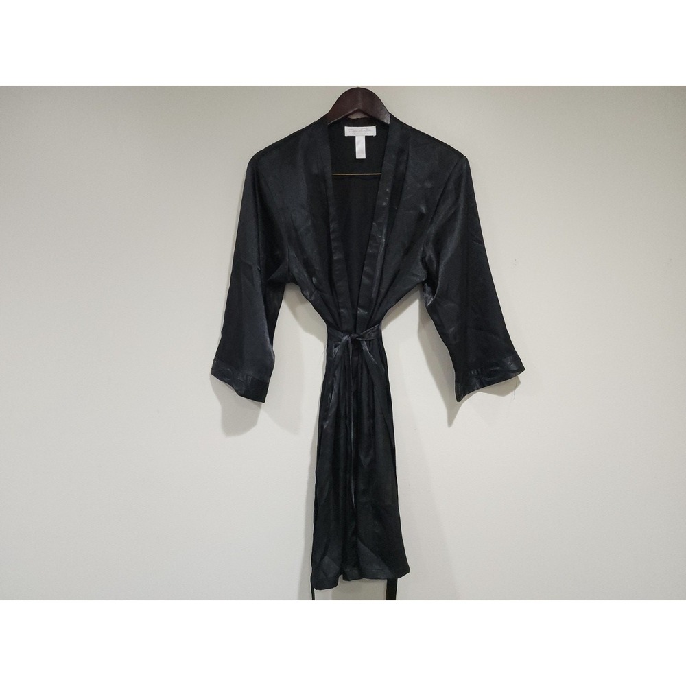 VTG Oscar de la Renta Satin Pink Label Robe Womens Medium Black Ruffle Detail